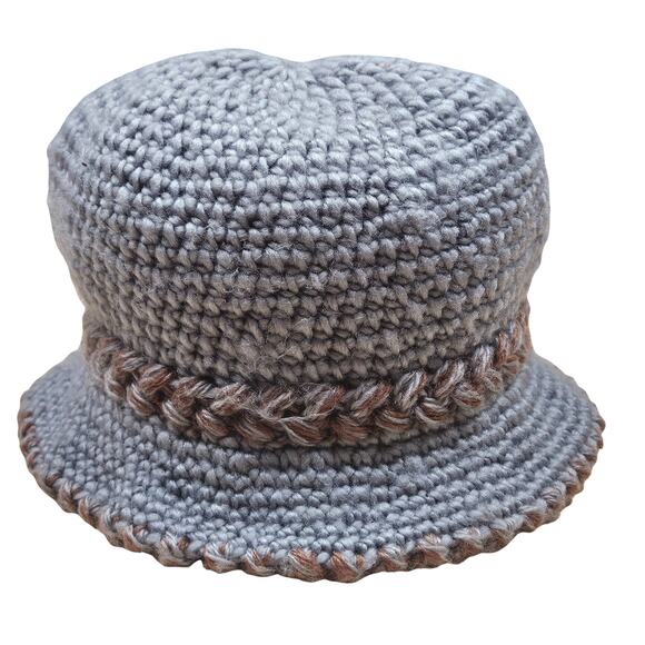 Thick knit lined Winter Hat Fur Rhinestone trim One Size Grey knit Brown trim - Picture 5 of 6